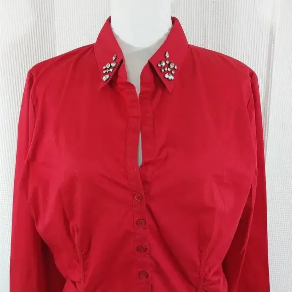NEW YORK & CO.! ROUGE RED COTTON BLEND JEWELED COLLAR BUTTON FRONT BLOUSE! SZ XL - Picture 3 of 10